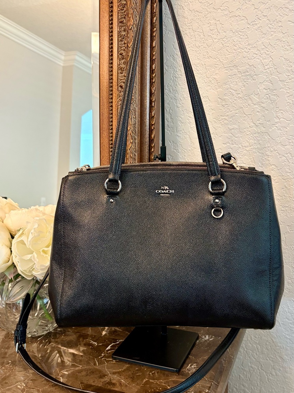 Large Black Leather Coach Purse Large Shoulder Bag With Silver Hardware